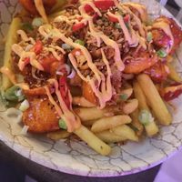Loaded fries with crispy tofu, delicious!!! Can definitely be shared between 2 people at Hello Oriental in Manchester