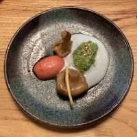 Amuse bouche (radish and mushrooms)  at L'Âne Têtu in Desaignes