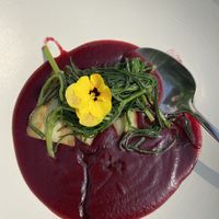 Beetroot cream with crunchy parsnips and balsamic vinegar at Vetri Restaurant in Venice