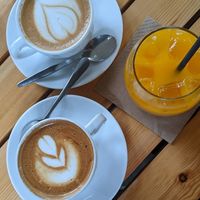 Flat White and Cappuccino with almond milk & fresh orange juice at Zygos Urban Garden in Crete