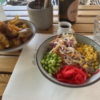 Noodle bowl and mashed jacket potatoes!   at Zygos Urban Garden in Crete