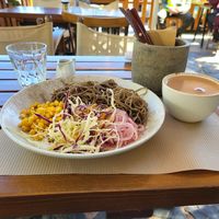 Vegan noodle salad and cacao. at Zygos Urban Garden in Crete