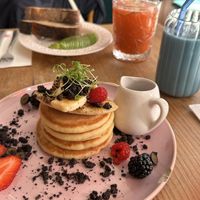 Vegan pancakes and avocado toastt  at Miolo in Lisbon