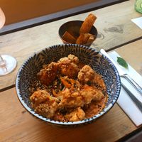 Lentil dahl, crispy cauliflower & chips (VE & GF)  at Evelyn's in Manchester