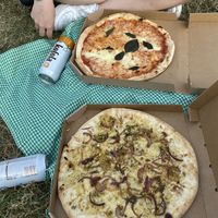 the one in the front is the vegan "pizza rosa"  at Ragazzi Pizza & Bar in Prague
