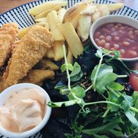 Vegan nuggets and mayo, chips, baked beans and salad   at The Bank House Cafe in Charmouth
