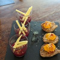 Starter: Beetroot and olive oil mousse with apples and nuts. at Milin Ruz in Plelauff