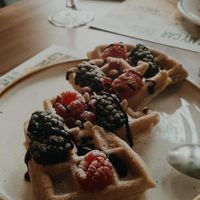 Gofre con frutos del bosque, sirope y azúcar glass (normalmente lo sirven con nata vegana también.) at Distrito Vegano Invernadero in Madrid