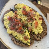 tofu scramble on toast (cheaper)   at Distrito Vegano Invernadero in Madrid
