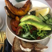 Salad with quinoa, pumpkin, avocado, hummus, tomstoes, dried tomatoes, cucumber etc. at Pure Boutique in Canggu