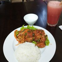 A fried "chicken" dish (forget exact name) with watermelon juice at Tinh Tam Vegan in Hue