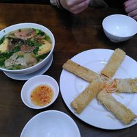 noodle soup and fried spring rolls at Tinh Tam Vegan in Hue
