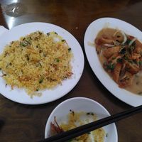 fried rice, chicken with coconut sauce at Tinh Tam Vegan in Hue