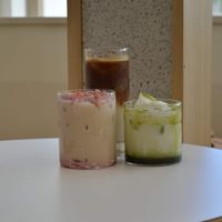 Iced strawberry latte, iced matcha, iced black coffee at Nuldam Space - 널담은공간 경복궁점 in Seoul