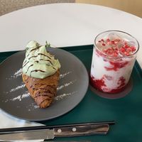 Matcha croissant and strawberry milk  at Nuldam Space - 널담은공간 경복궁점 in Seoul