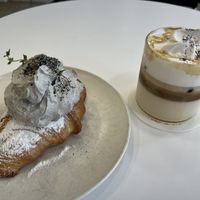Black sesame croissant & almond latte  at Nuldam Space - 널담은공간 경복궁점 in Seoul