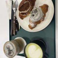 Black sesame latte, match latte, black sesame croissant and mocha croissantt  at Nuldam Space - 널담은공간 경복궁점 in Seoul