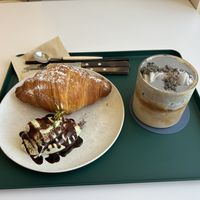 Matcha cream croissant and signature latte  at Nuldam Space - 널담은공간 경복궁점 in Seoul