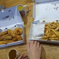 Frickles, battered sausages, battered fish (banana blossom) and battered pineapple at Crookes Chippy in Sheffield
