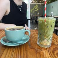 iced mango matcha with soy milk, long blackk  at House of Hubert in Tugun