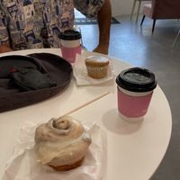 Vegan cinnamon roll and Vegan and gluten-free lemon poppyseed muffin oatmeal latte and Americano  at The Espresso Lab Cafe in San Diego