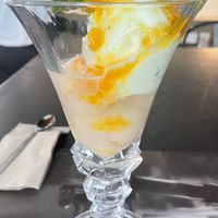 Vegan lime ice cream over triple sec & lychees.  at Crepes & Waffles - San Pedro in Cartagena