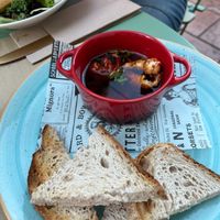 "shrimps", like real ones, but made of plants, they look like a shrimp, taste like shrimp, smell like a shrimp, and even the texture is like a shrimp at Puravita Vegan  in Estepona