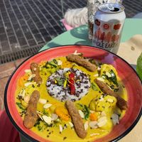 That curry was so good, spicy, yet mild in rice, crunchy vegetables at Puravita Vegan  in Estepona