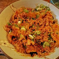 Geda noodles with garlic chilli sauce and aubergine at The Real Wan in Glasgow