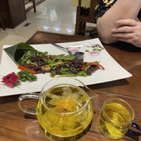 Mushrooms and lotus tea. None of us really liked the mushrooms...  at Fu Hui Ci Yuan Vegetarian Restaurant in Beijing