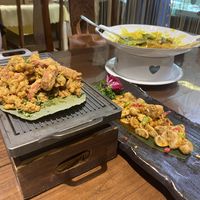 Fried mushrooms and “beef”, cold spicy mushrooms, and a mostly finished curry that had scallion pancakes  at Fu Hui Ci Yuan Vegetarian Restaurant in Beijing