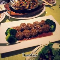 Meatballs and broccoli. at Fu Hui Ci Yuan Vegetarian Restaurant in Beijing