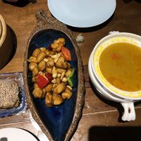 Kung pho chicken and bamboo soup  at Fu Hui Ci Yuan Vegetarian Restaurant in Beijing