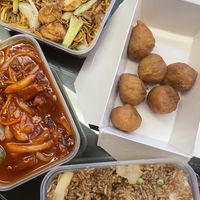 “Chicken” balls with sweet & sour sauce, veg fried rice,  Szechuan “duck”, tofu chow mein  at Vegan House in Pudsey