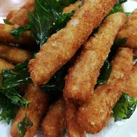vegan 'fish fingers' with fried Taiwan basil. at Amagi Queen - 天城女王 in Hualien