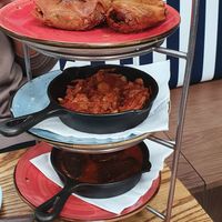 Hot meze (top to bottom): CHICKPEA FILO TRIANGLES, JACKFRUIT STIFADO, 
VEGAN MEATBALLS – SOUTZOUKAKIA at The Real Greek in Manchester