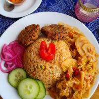 Rice with patties at The Old Soul in Amsterdam