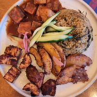 Steamed mixed rice with plantains and tofu in bbq sauce at The Old Soul in Amsterdam