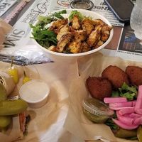 Falafel wrap, chicken salad, & vegan kibbeh rolls at Kareem's in Anaheim
