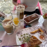 what was left of the vegan sandwich ahha, came with fries + orange juice, and one cappuccino!  at La Tradición in Palenque