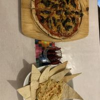 Vegan pizza and hummus   at La Tradición in Palenque