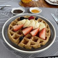 Vegan waffles (remember to omit honey! 🤦‍♀️ )  at La Tradición in Palenque