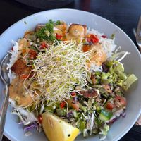 Grilled tofu with rice, salad and satay sauce.  at The Feast Cafe in Nimbin