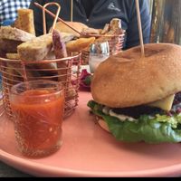 protein burger, cassava fries at The Cardamom Pod in Southport
