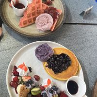Pistachio rose strawberry waffle, blueberry cheesecake pancakes  at The Cardamom Pod in Southport