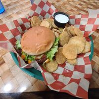 This is the double beyond burger with fried pickles on the side. Super good with the homemade vegan ranch! at Mid City Grill in Kingsport