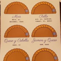 Menu, €3.25 each. Batata is vegan. at Empanadas Maxima in Haarlem