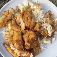 Salt and pepper tofu / chips and home made rice  at Pagoda in Aberdare