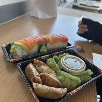 Vegan Rainbow Roll and the 50/50 vegan Gyoza  at 7Friday in Cypress