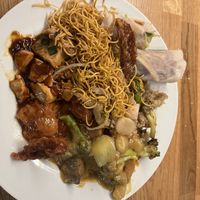 “Chicken” Chow Mein, Mapo Tofu, Crispy “Duck” Pancakes, Mixed Curry Veg, Sweet & Sour “Chicken”, Mixed Veg Fried Rice.    at Top Chef Chinese in Peterborough